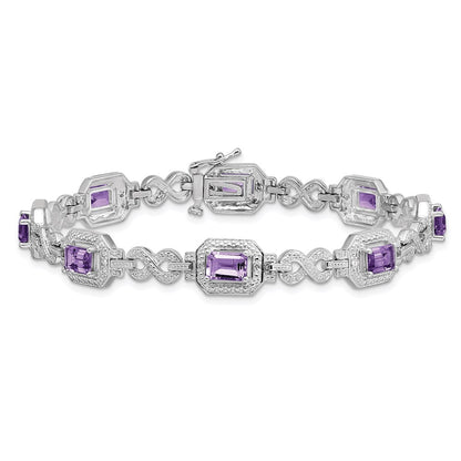 7 Inch Sterling Silver Rhodium-Plated Diamond & Amethyst Bracelet