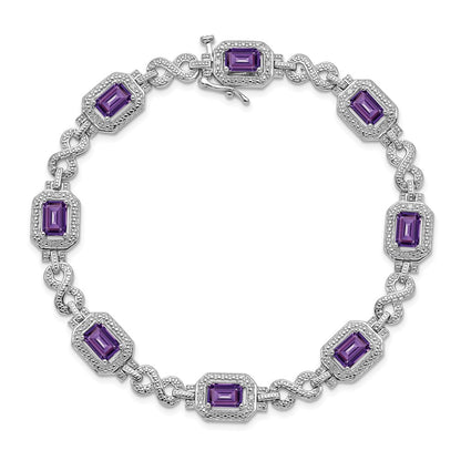 7 Inch Sterling Silver Rhodium-Plated Diamond & Amethyst Bracelet