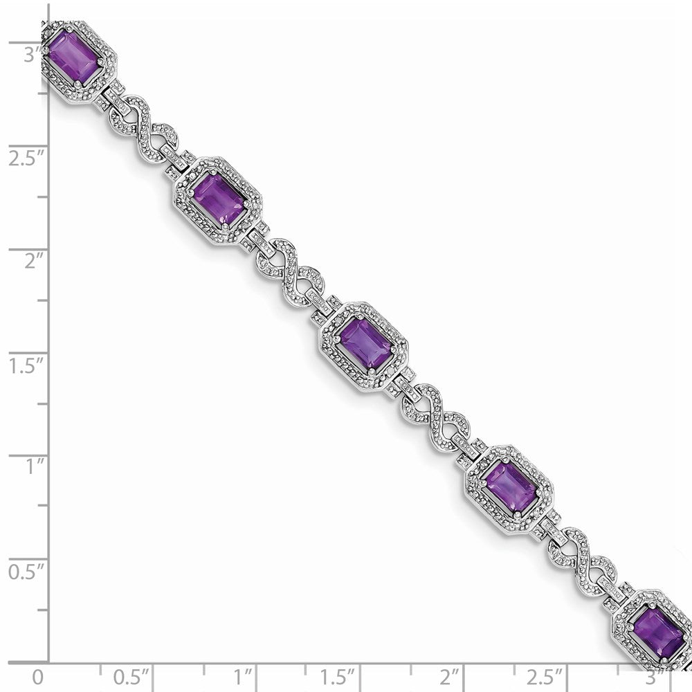7 Inch Sterling Silver Rhodium-Plated Diamond & Amethyst Bracelet