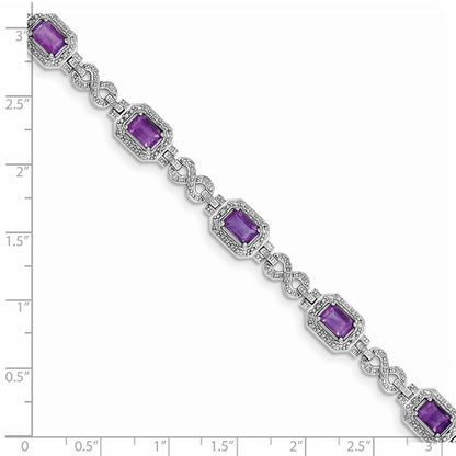 7 Inch Sterling Silver Rhodium-Plated Diamond & Amethyst Bracelet
