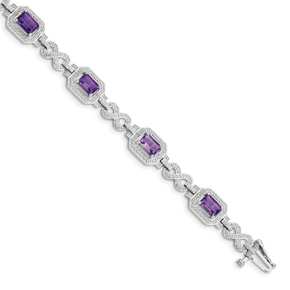 7 Inch Sterling Silver Rhodium-Plated Diamond & Amethyst Bracelet