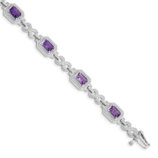 7 Inch Sterling Silver Rhodium-Plated Diamond & Amethyst Bracelet