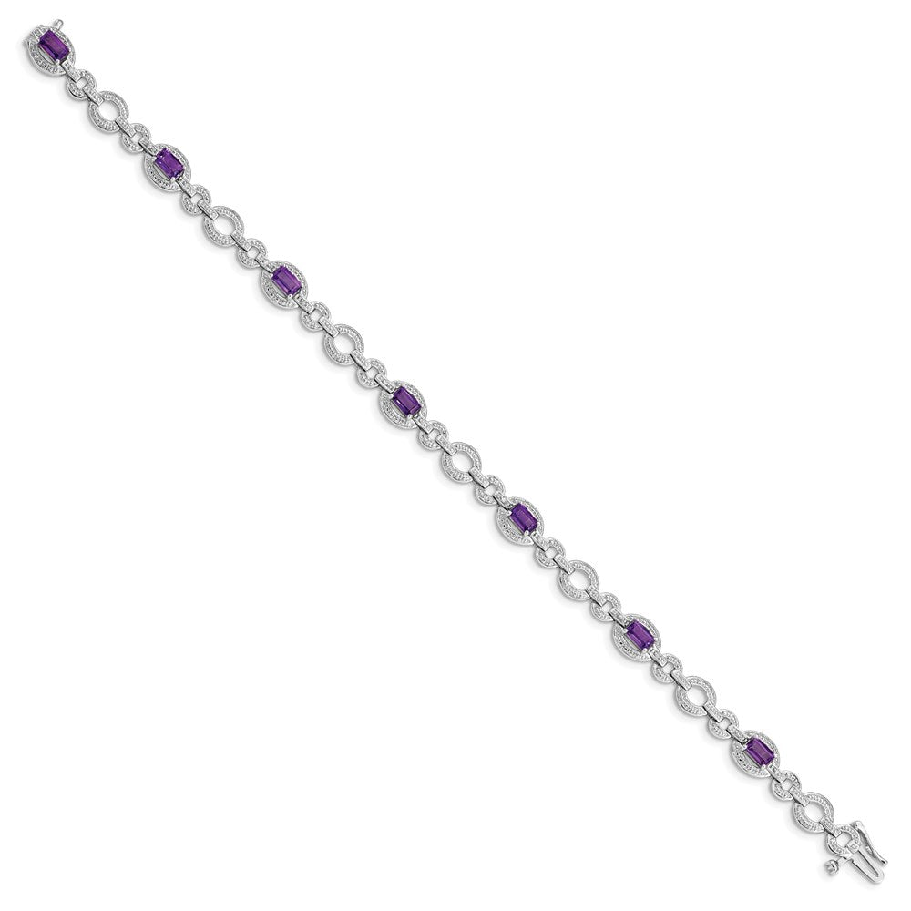 7 Inch Sterling Silver Rhodium-Plated Diamond & Amethyst Oval Link Bracelet