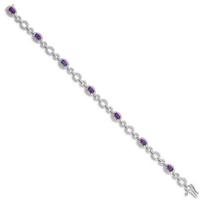 7 Inch Sterling Silver Rhodium-Plated Diamond & Amethyst Oval Link Bracelet