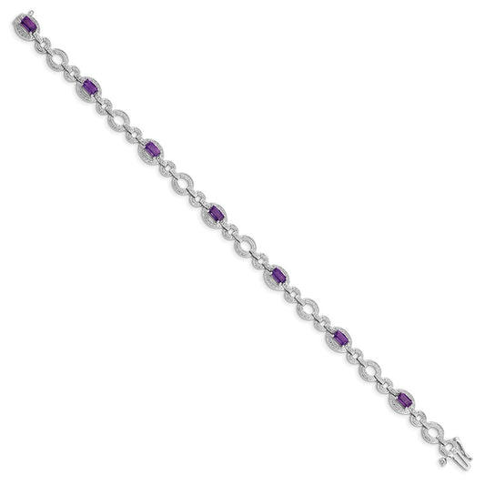 7 Inch Sterling Silver Rhodium-Plated Diamond & Amethyst Oval Link Bracelet