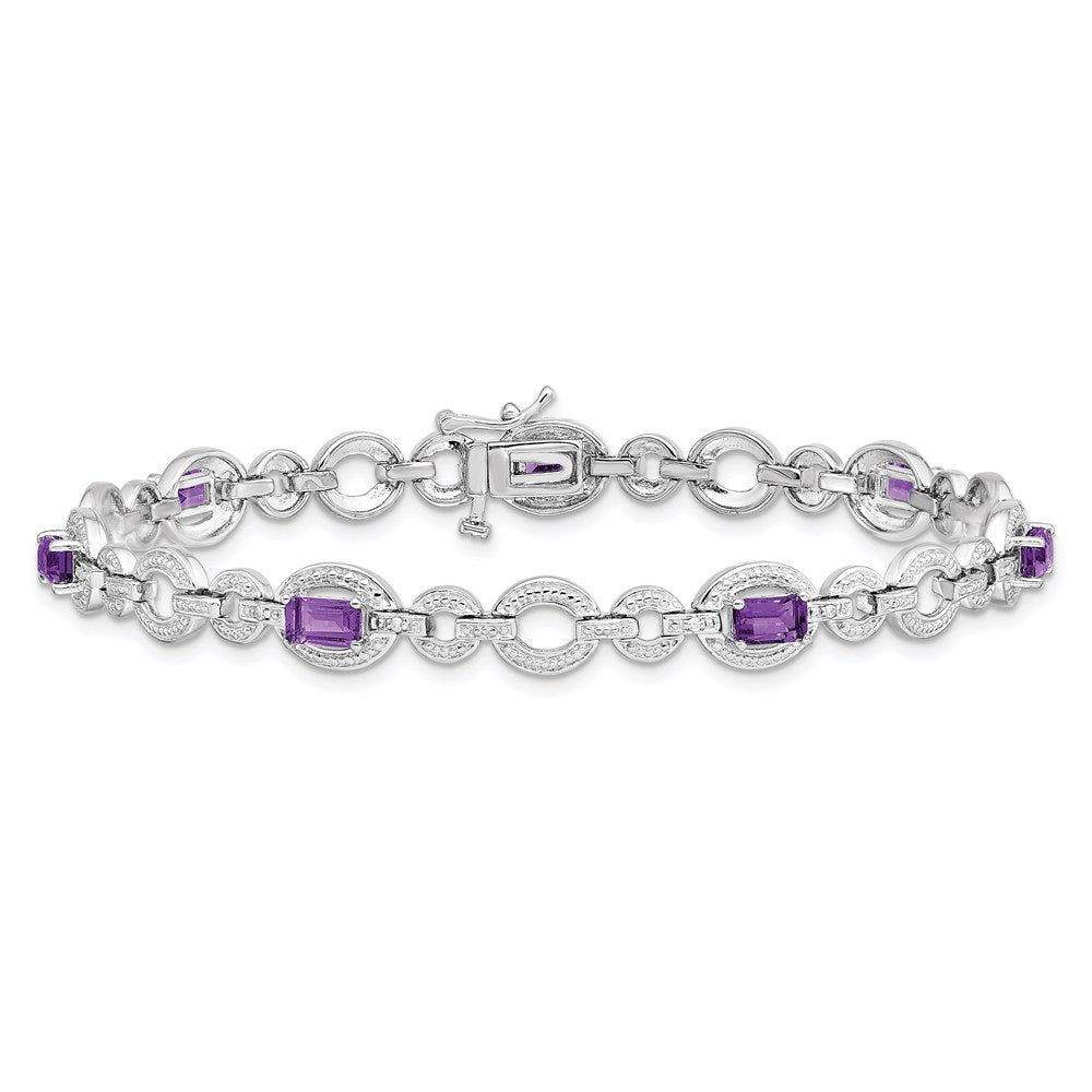 7 Inch Sterling Silver Rhodium-Plated Diamond & Amethyst Oval Link Bracelet