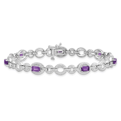 7 Inch Sterling Silver Rhodium-Plated Diamond & Amethyst Oval Link Bracelet
