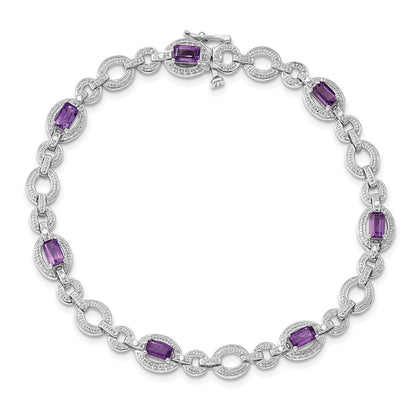 7 Inch Sterling Silver Rhodium-Plated Diamond & Amethyst Oval Link Bracelet