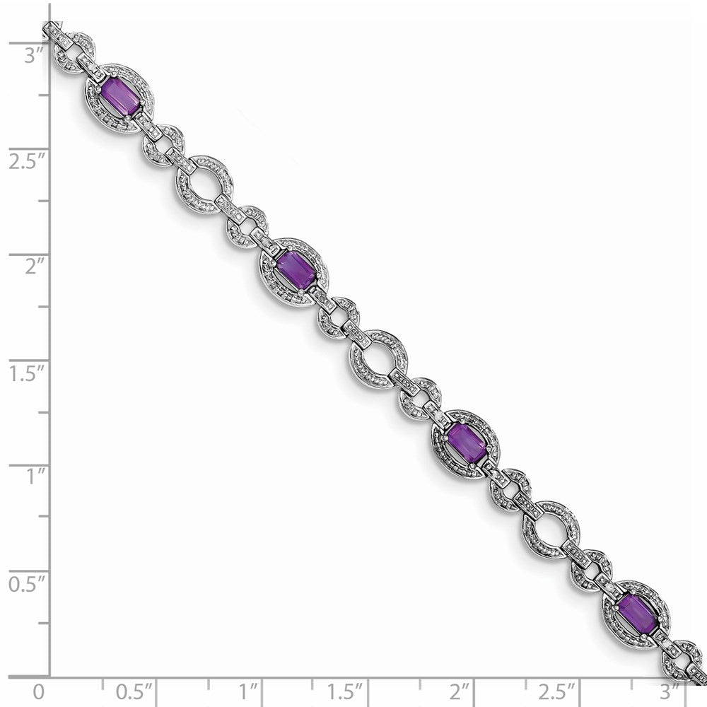7 Inch Sterling Silver Rhodium-Plated Diamond & Amethyst Oval Link Bracelet