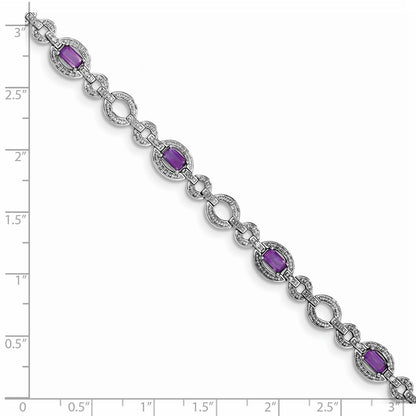 7 Inch Sterling Silver Rhodium-Plated Diamond & Amethyst Oval Link Bracelet