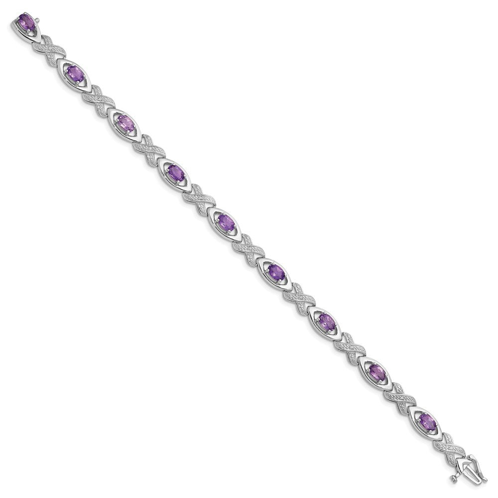 7.5 Inch Sterling Silver Rhodium-Plated Diamond & Amethyst Bracelet