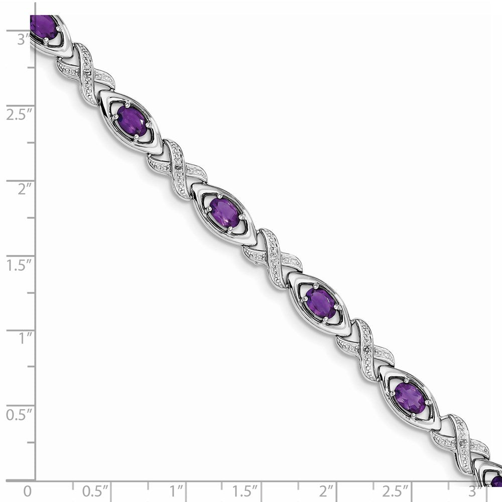 7.5 Inch Sterling Silver Rhodium-Plated Diamond & Amethyst Bracelet