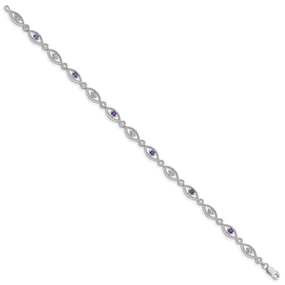 7 Inch Sterling Silver Rhodium-Plated Amethyst Diamond Bracelet