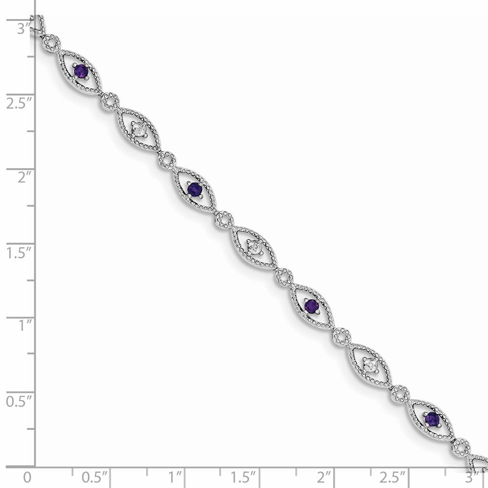 7 Inch Sterling Silver Rhodium-Plated Amethyst Diamond Bracelet