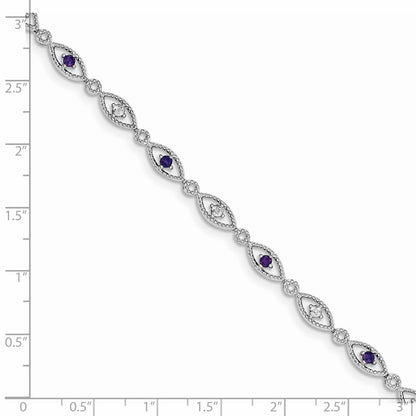 7 Inch Sterling Silver Rhodium-Plated Amethyst Diamond Bracelet