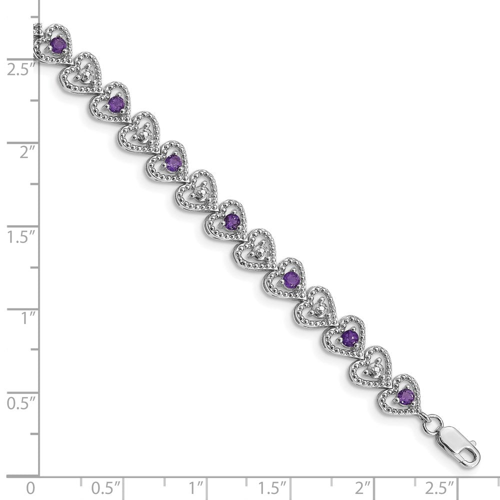 7 Inch Sterling Silver Rhodium-Plated Amethyst Diamond Bracelet