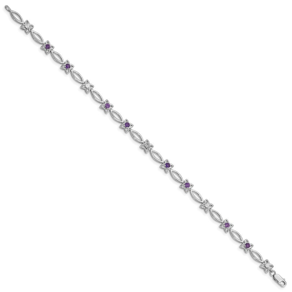 7 Inch Sterling Silver Rhodium-Plated Amethyst & Diamond Bracelet