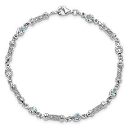 7 Inch Sterling Silver Rhodium-Plated Aquamarine And Diamond Bracelet