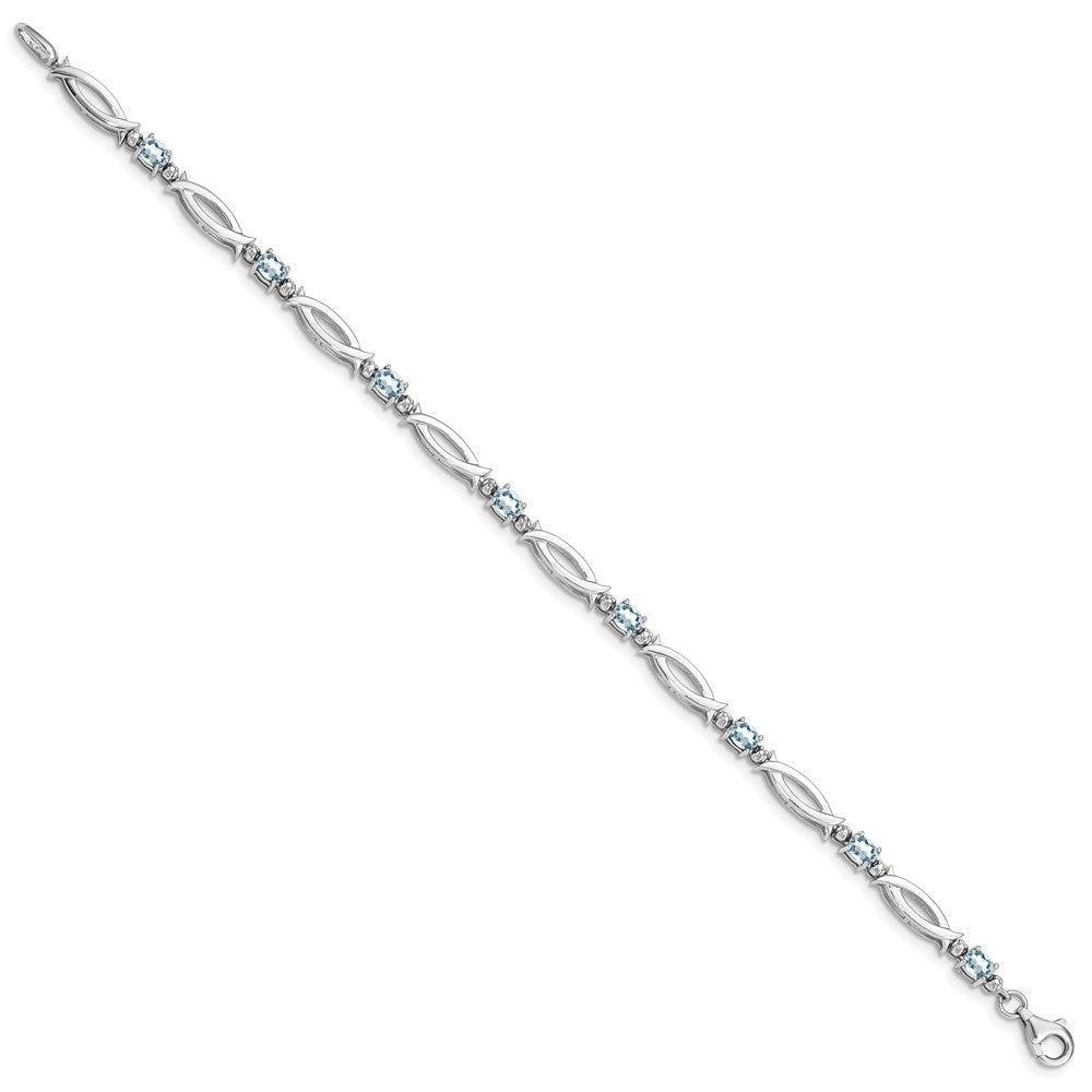 7 Inch Sterling Silver Rhodium-Plated Aquamarine And Diamond Bracelet