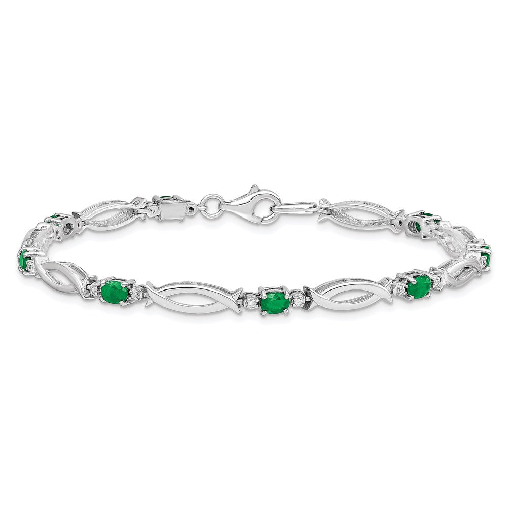 7 Inch Sterling Silver Rhodium-Plated Emerald And Diamond Bracelet