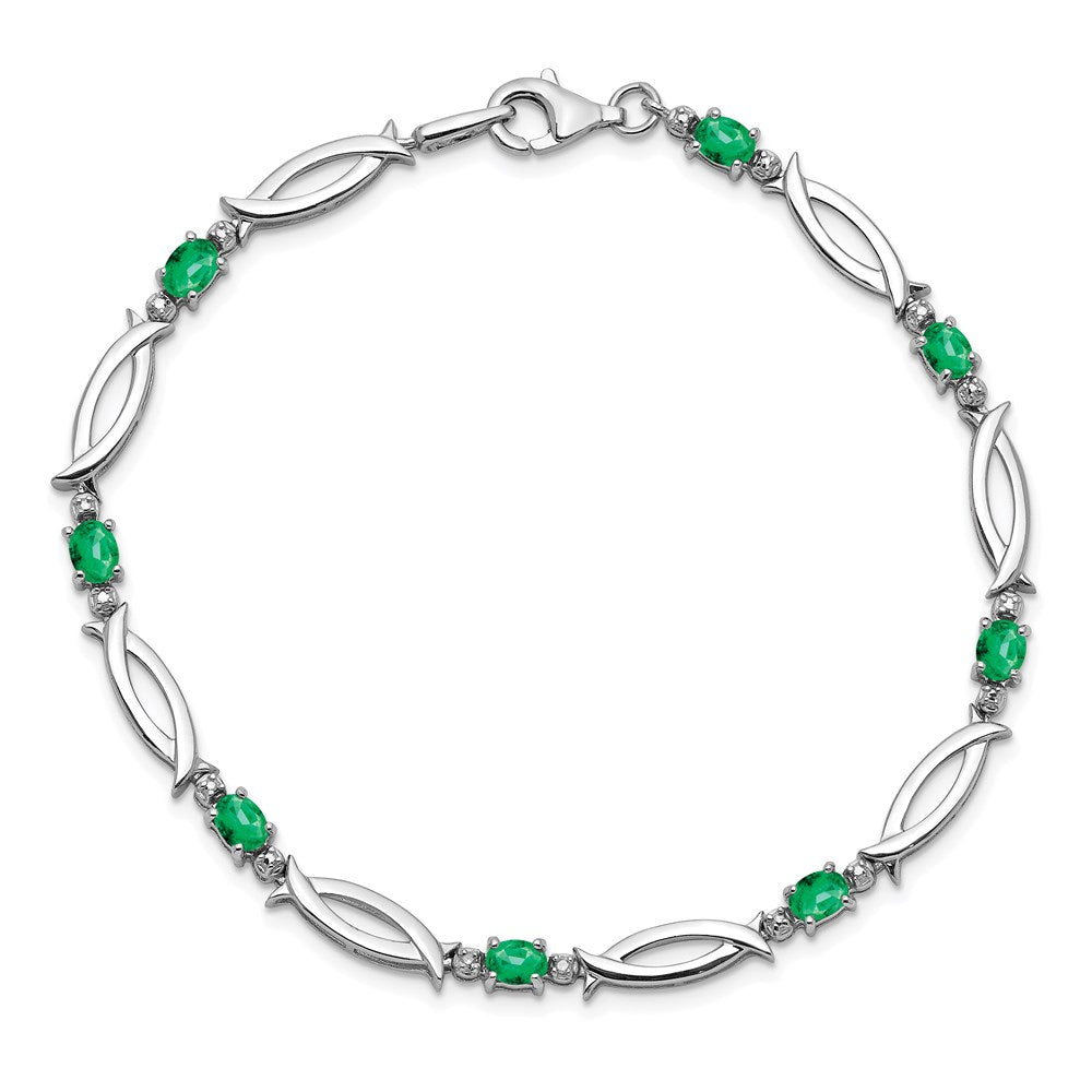7 Inch Sterling Silver Rhodium-Plated Emerald And Diamond Bracelet