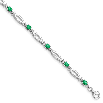7 Inch Sterling Silver Rhodium-Plated Emerald And Diamond Bracelet