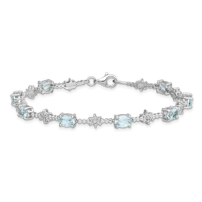 7 Inch Sterling Silver Rhodium-Plated Aquamarine And Diamond Bracelet