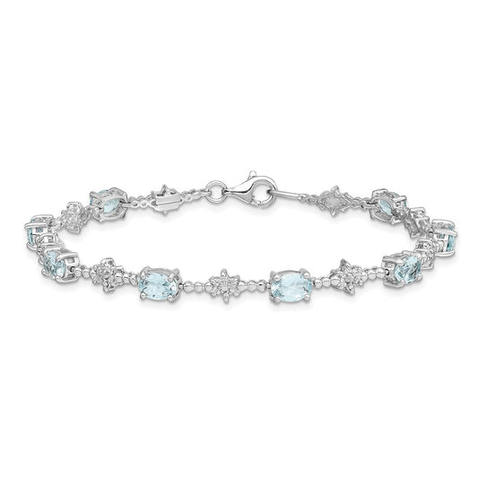 7 Inch Sterling Silver Rhodium-Plated Aquamarine And Diamond Bracelet