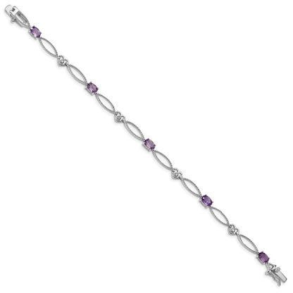 7 Inch Sterling Silver Rhodium-Plated Diamond & Amethyst Oval D/C Bracelet