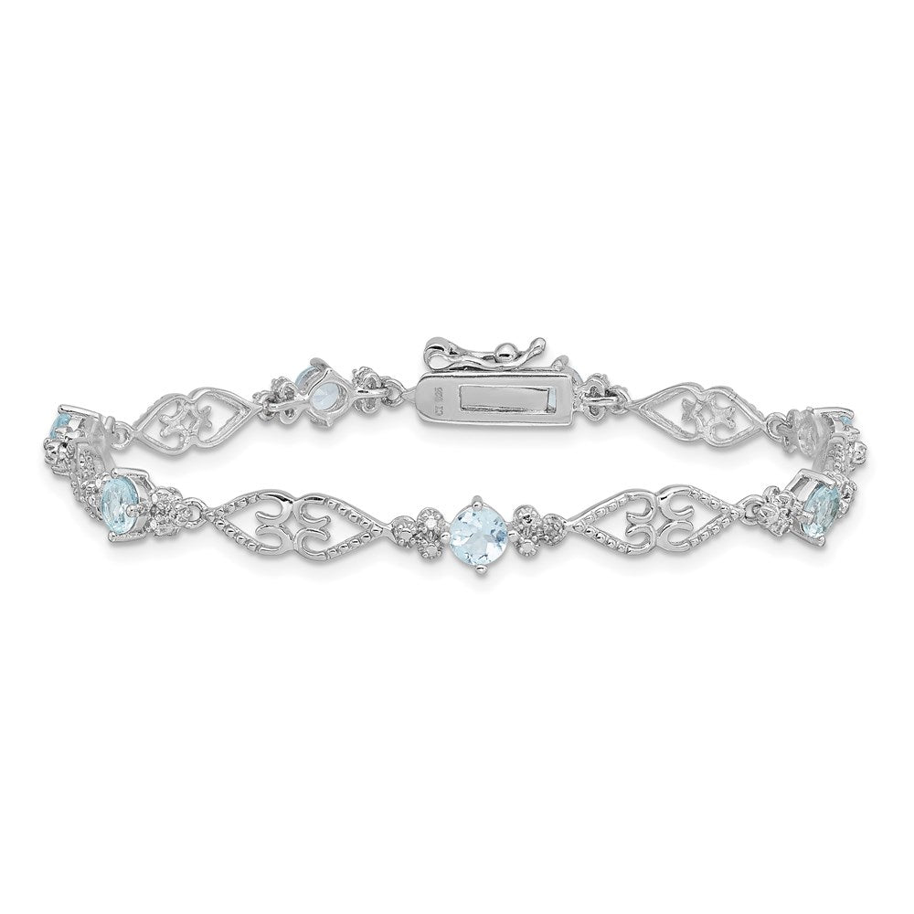 7 Inch Sterling Silver Rhodium-Plated Diamond Aquamarine Bracelet