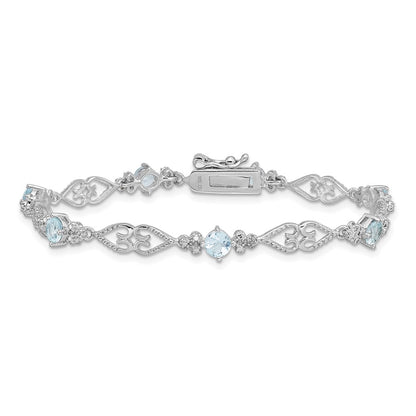 7 Inch Sterling Silver Rhodium-Plated Diamond Aquamarine Bracelet