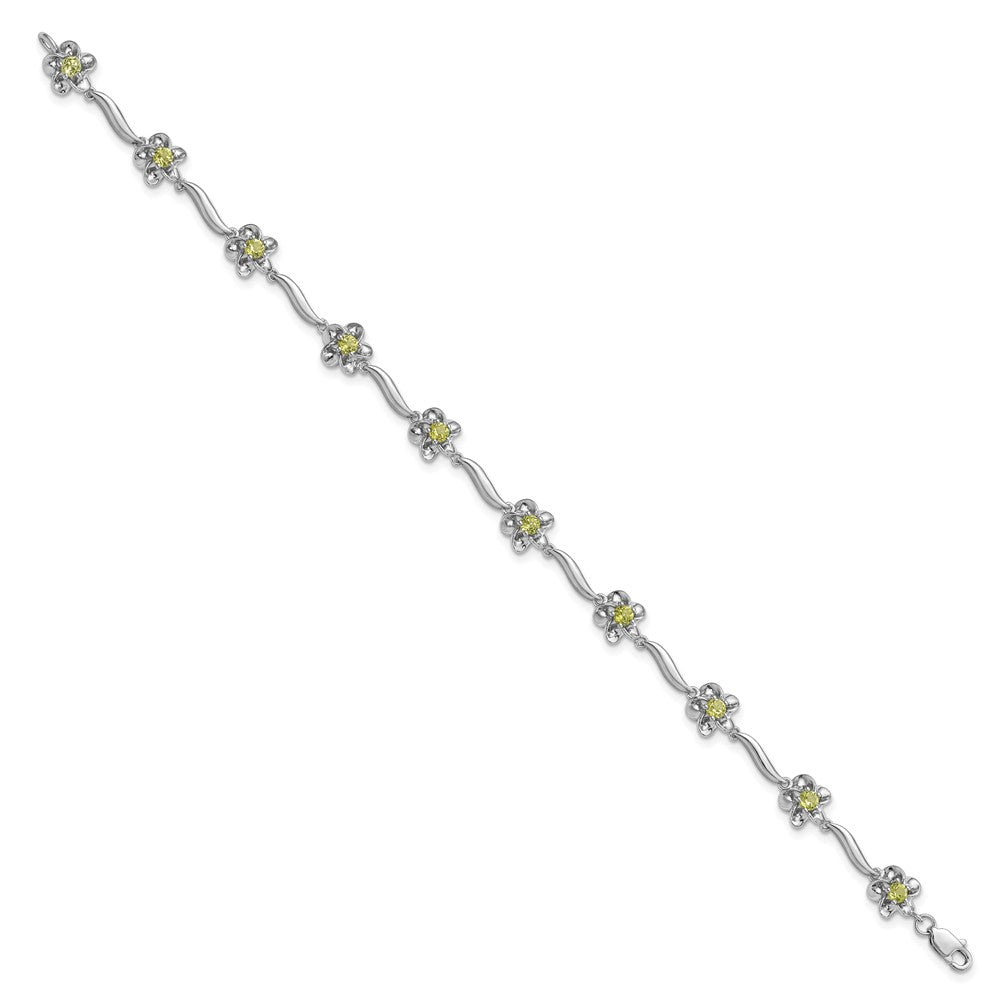 7.5 Inch Sterling Silver Rhodium-Plated Floral Peridot Bracelet