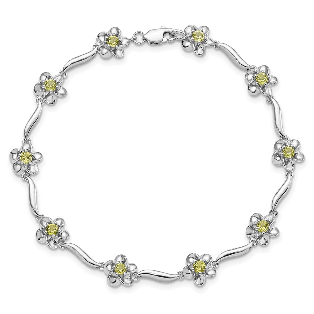 7.5 Inch Sterling Silver Rhodium-Plated Floral Peridot Bracelet