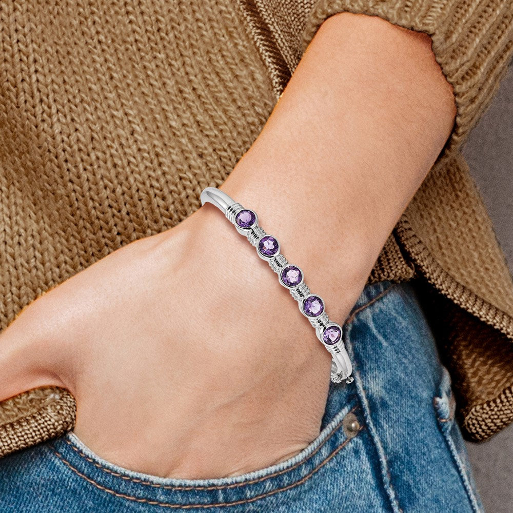 Sterling Silver Rhodium-Plated Amethyst Hinged Bangle