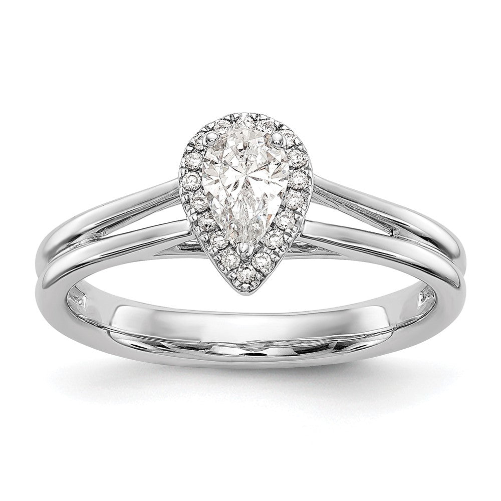 14kw Pear Halo Simulated Diamond Split Shank Engagement Ring