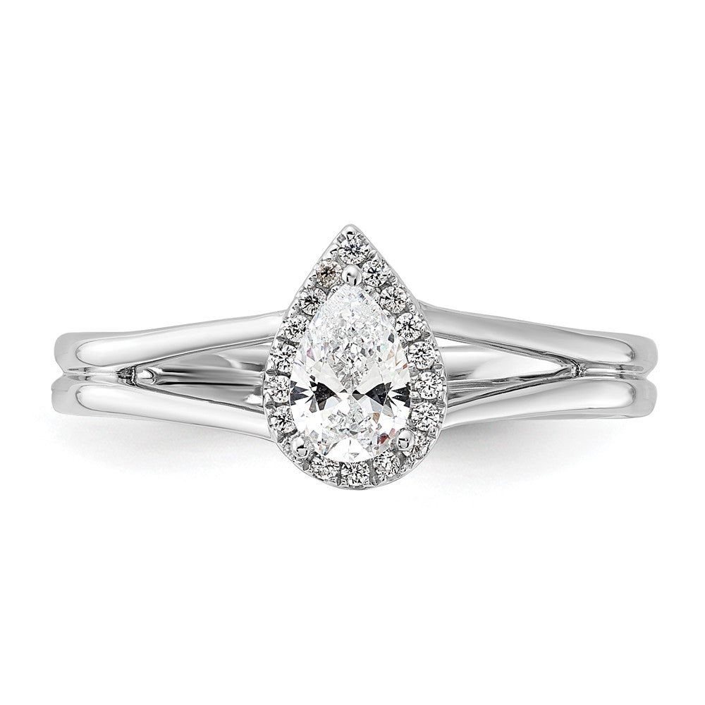 14kw Pear Halo Simulated Diamond Split Shank Engagement Ring