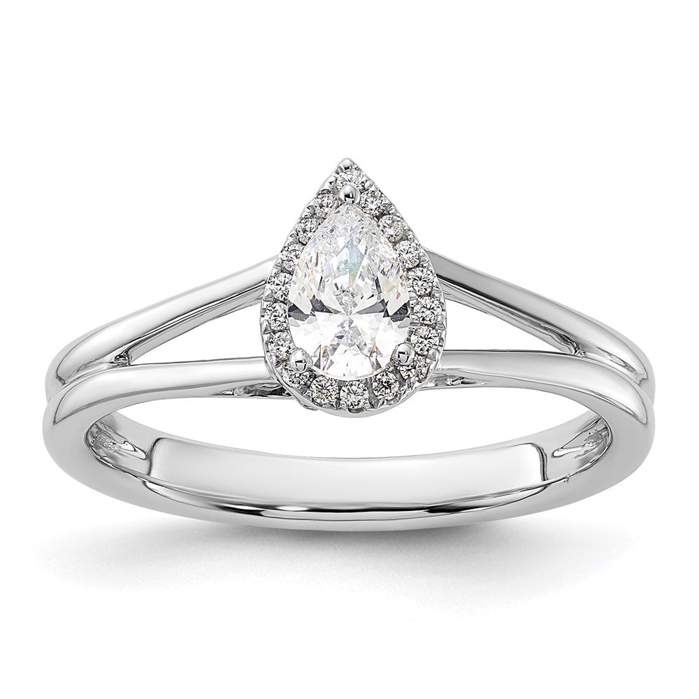 14kw Pear Halo Simulated Diamond Split Shank Engagement Ring