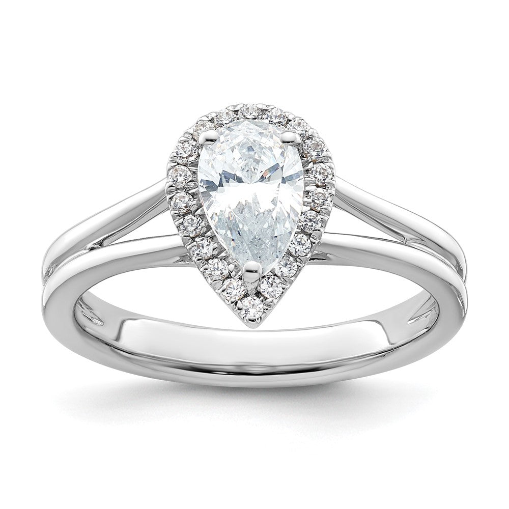 14kw Pear Halo Simulated Diamond Split Shank Engagement Ring