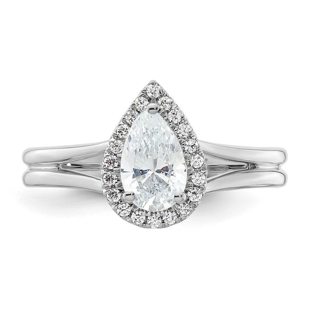 14kw Pear Halo Simulated Diamond Split Shank Engagement Ring