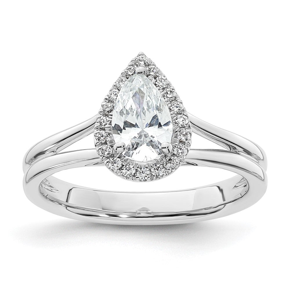 14kw Pear Halo Simulated Diamond Split Shank Engagement Ring