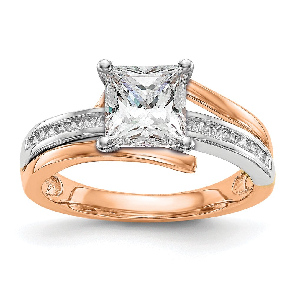 14k Two tone Rose Gold Peg Set Simulated Diamond By Pass Engagement Ring