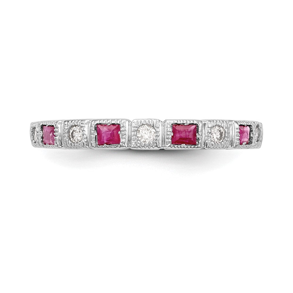 Solid 14k White Gold Simulated CZ w/Simulated Ruby Band