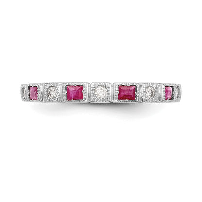 Solid 14k White Gold Simulated CZ w/Simulated Ruby Band