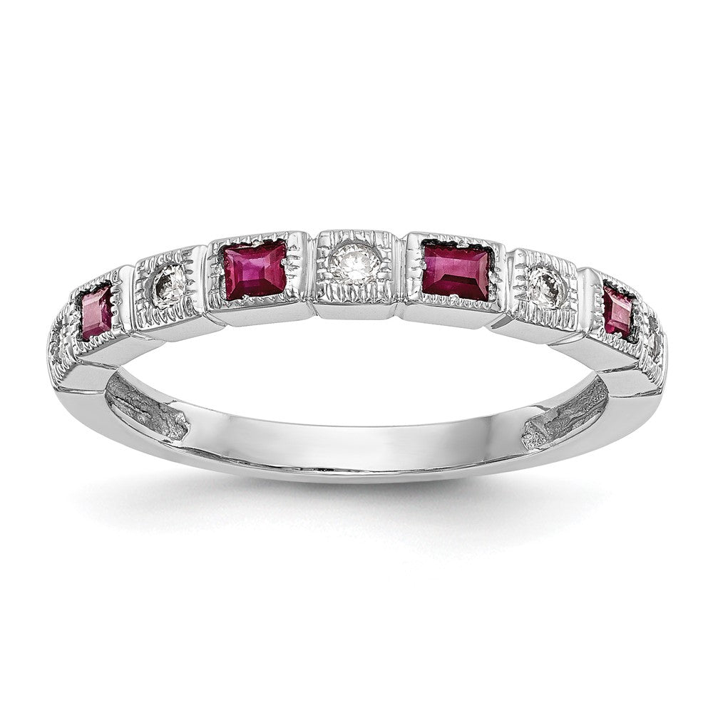 Solid 14k White Gold Simulated CZ w/Simulated Ruby Band