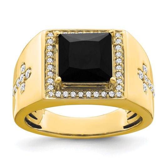 14k Yellow Gold 1/2 Ct. Lab Grown Diamond VS/SI+ G+ and Onyx Side Cross Men's Ring