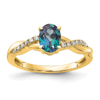 10K Yellow Gold Oval Created Alexandrite And Diamond Ring