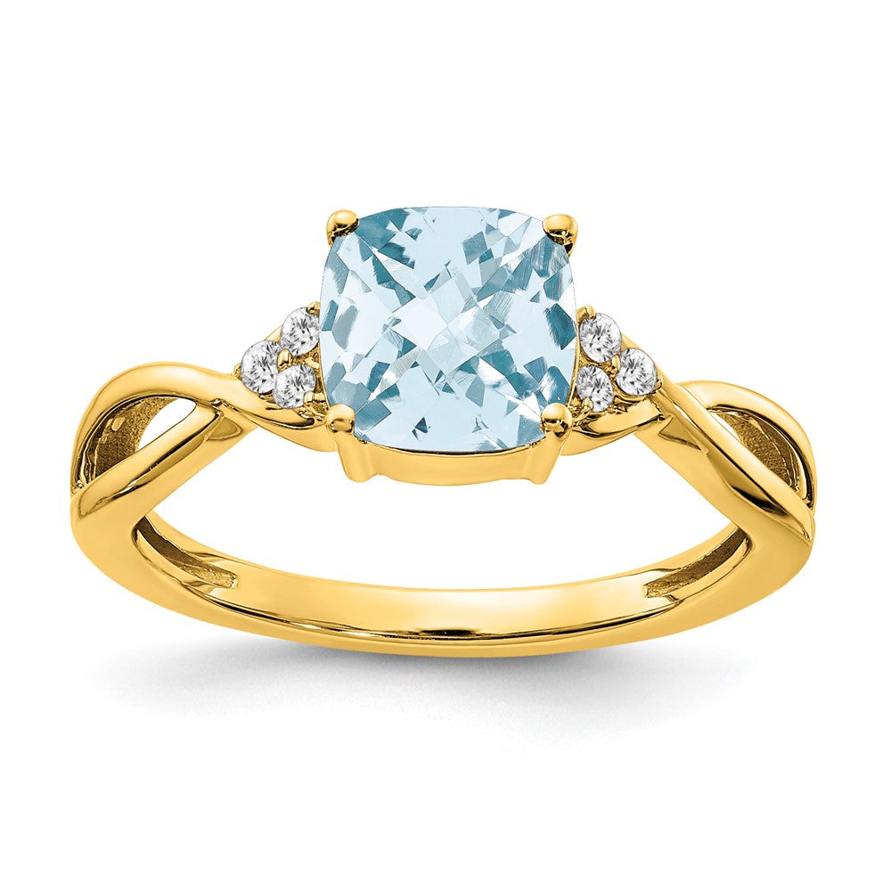 10K Yellow Gold Checkerboard Aquamarine And Diamond Ring
