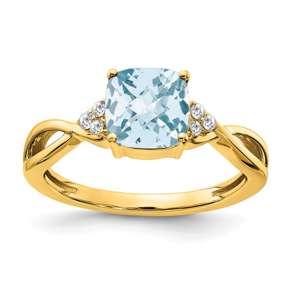 10K Yellow Gold Checkerboard Aquamarine And Diamond Ring