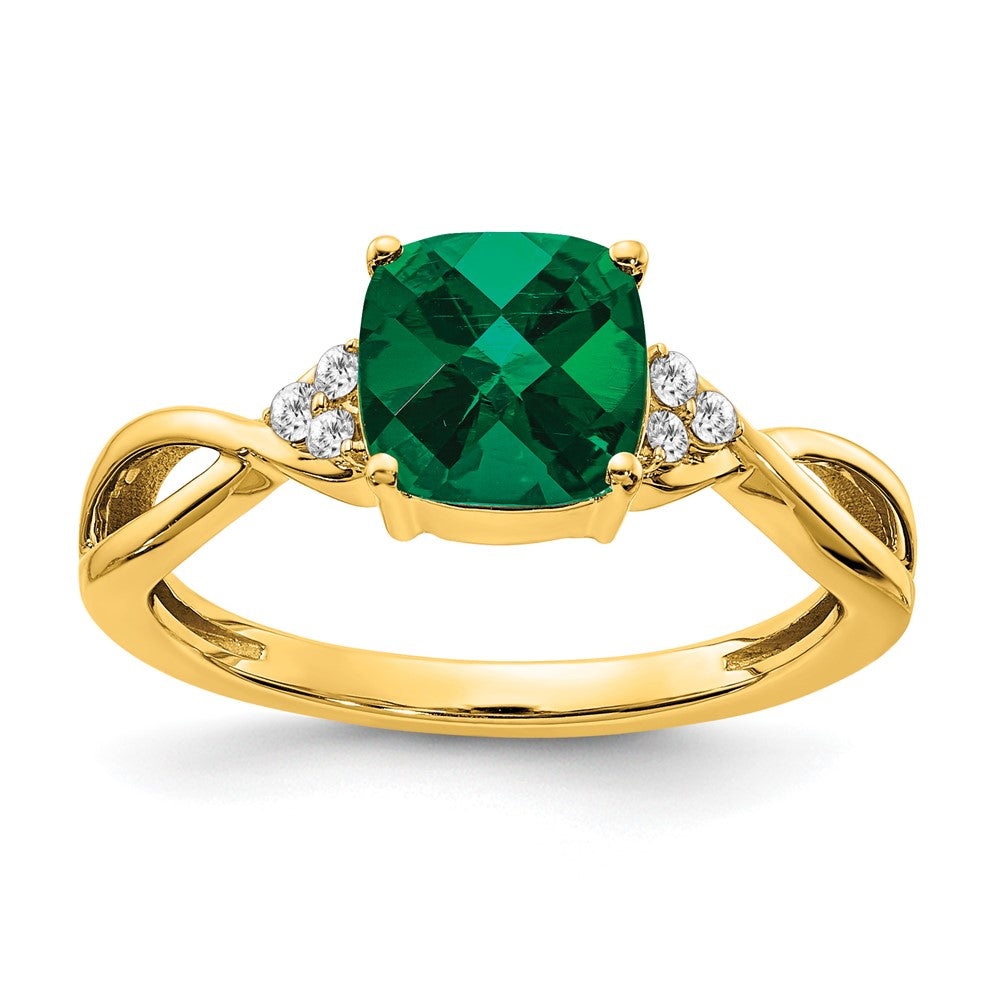 10K Yellow Gold Checkerboard Created Emerald And Diamond Ring