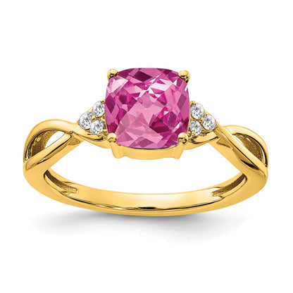 10K Yellow Gold Checkerboard Created Pink Sapphire And Diamond Ring